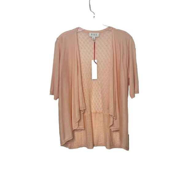 NWT Elle Womens Open Front Cardigan Sweater Medium in Peach Pink Back Crochet - Picture 1 of 11